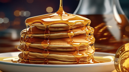 a stack of pancakes covered in butter and syrup with whipped cream on top. generative aiの素材