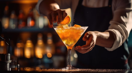 bartender making cocktail. slicing a long ribbon of lemon peelの素材