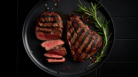 Barbecue aged wagyu Rib Eye beef meat steak with thyme on wooden board. Black background. Top viewの素材