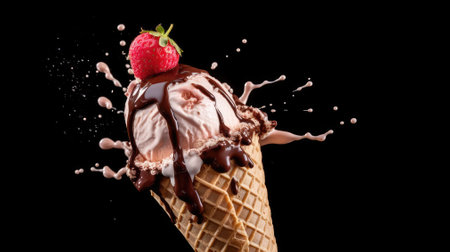 Variety of ice cream scoops in cones with chocolate, vanilla and strawberryの素材