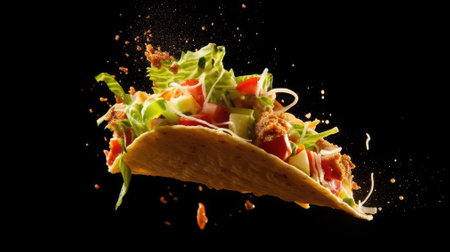 falling taco a Mexican dish isolated on black backgroundの素材