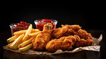 fried chicken wings french fries and ketchup sauces. Generative AIの素材