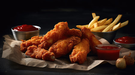 fried chicken wings french fries and ketchup sauces. Generative AIの素材