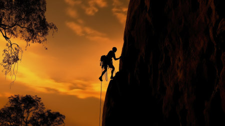 A climber is silhouetted against the evening sky as he clings to a steep rock faceの素材