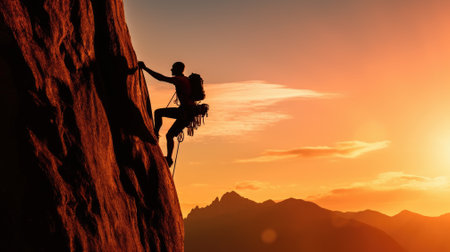 A climber is silhouetted against the evening sky as he clings to a steep rock faceの素材