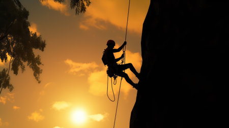 A climber is silhouetted against the evening sky as he clings to a steep rock faceの素材