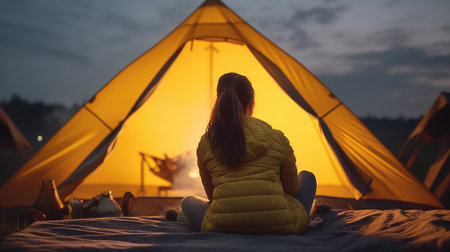 Foto de Backview Woman laying in yellow tent looking at bonfire - Imagen libre de derechos