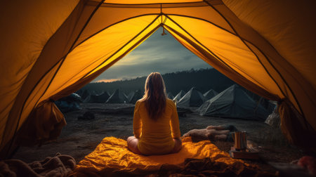 Foto de Backview Woman laying in yellow tent looking at bonfire - Imagen libre de derechos