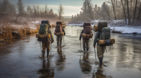 Group of backpackers fording cold riverの素材