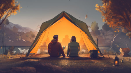 Back view of two young couple resting near camping and big tree in the mountains at sunny morning. Romantic guy and girl tourists holding hands. View from inside a tentの素材