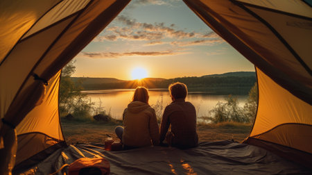 Back view of two young couple resting near camping and big tree in the mountains at sunny morning. Romantic guy and girl tourists holding hands. View from inside a tentの素材