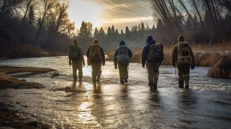 Group of backpackers fording cold riverの素材
