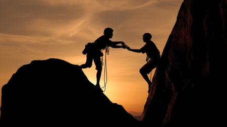 Silhouette of helping hand between two climber. couple hiking help each other silhouette in mountains with sunlight. The men helping pull people up from high cliffsの素材