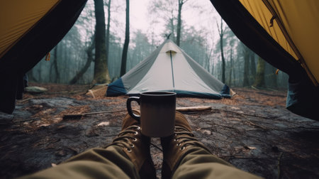 the backpackers foot resting inside of tents and camping groundの素材