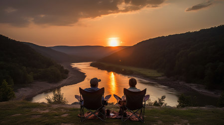 Couple sitting in camp chairs looking at sunset above riverの素材