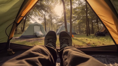 the backpackers foot resting inside of tents and camping groundの素材