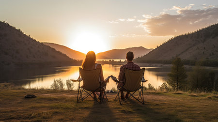 Couple sitting in camp chairs looking at sunset above riverの素材