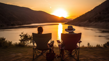 Couple sitting in camp chairs looking at sunset above riverの素材