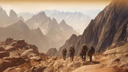 Group of hikers walking in mountainsの素材