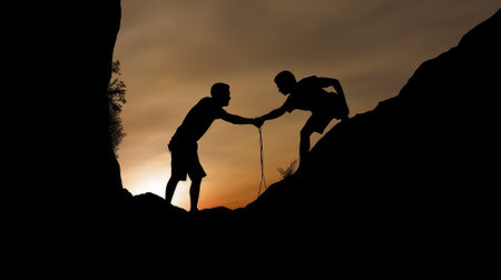 Silhouette of helping hand between two climber. couple hiking help each other silhouette in mountains with sunlight. The men helping pull people up from high cliffsの素材