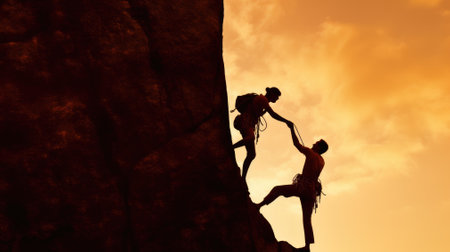 Silhouette of helping hand between two climber. couple hiking help each other silhouette in mountains with sunlight. The men helping pull people up from high cliffsの素材