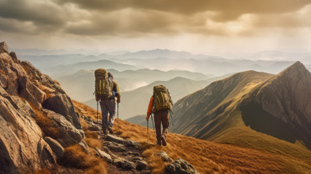 Group of hikers walking in mountainsの素材