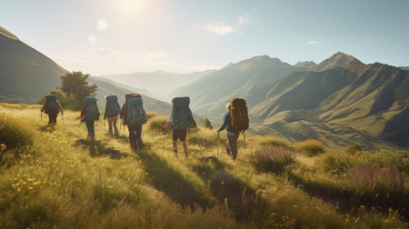 Group of hikers walking in mountainsの素材