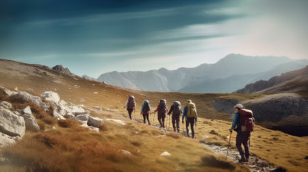 Group of hikers walking in mountainsの素材