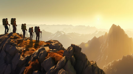 Group of hikers walking in mountainsの素材
