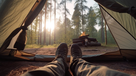 the backpackers foot resting inside of tents and camping groundの素材