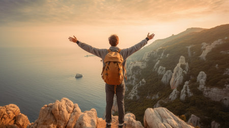 guy hiker standing on the edge of a cliff keeping his hands to the sides, victorious arm raise, big backpack on his back, mountain climbing, outdoor vacationの素材
