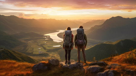 Two hikers with backpacks enjoying sunset view from top of a mountainの素材