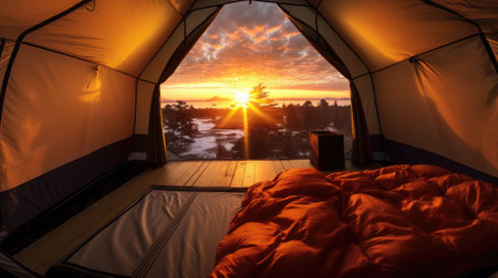 lying in a tent with the view of mountains and sunriseの素材