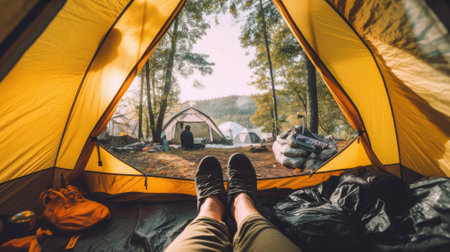 the backpackers foot resting inside of tents and camping groundの素材