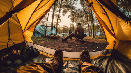 the backpackers foot resting inside of tents and camping groundの素材