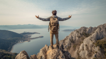 guy hiker standing on the edge of a cliff keeping his hands to the sides, victorious arm raise, big backpack on his back, mountain climbing, outdoor vacationの素材