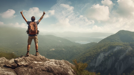 guy hiker standing on the edge of a cliff keeping his hands to the sides, victorious arm raise, big backpack on his back, mountain climbing, outdoor vacationの素材