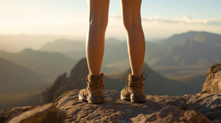 Woman hiker legs on mountain peak rock cliff edgeの素材