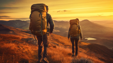 Two hikers with backpacks enjoying sunset view from top of a mountainの素材