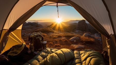 lying in a tent with the view of mountains and sunriseの素材