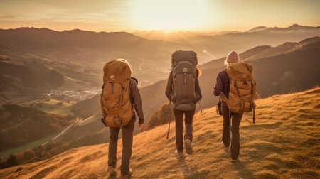 Two hikers with backpacks enjoying sunset view from top of a mountainの素材