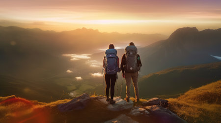 Two hikers with backpacks enjoying sunset view from top of a mountainの素材