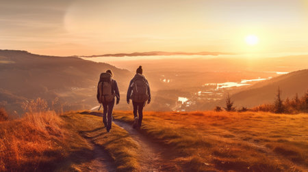 Two hikers with backpacks enjoying sunset view from top of a mountainの素材