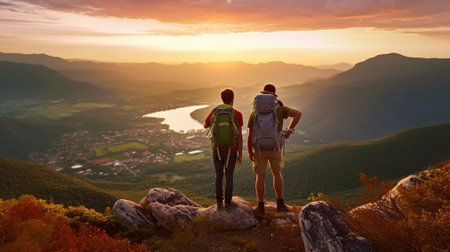 Two hikers with backpacks enjoying sunset view from top of a mountainの素材
