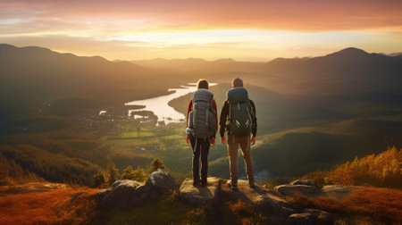 Two hikers with backpacks enjoying sunset view from top of a mountainの素材