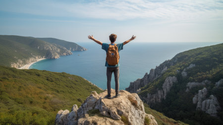 guy hiker standing on the edge of a cliff keeping his hands to the sides, victorious arm raise, big backpack on his back, mountain climbing, outdoor vacationの素材