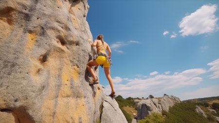 Female rock climber clinging to a cliff on her way upの素材