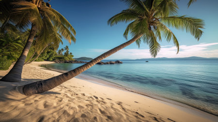 Dream beach with palm tree over the sand. Tropical Paradise.  Ai, artificial intelligence, artificial, intelligence,の素材