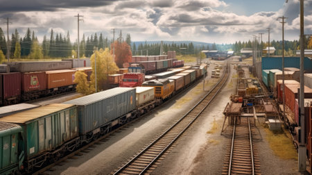 Freight Station with trains - Cargo transportation. Ai, artificial intelligence, artificial, intelligence,の素材