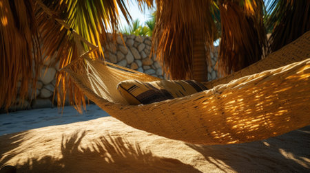 Straw hammock on tropical white sandy beach. Ai, artificial intelligence, artificial, intelligence,の素材